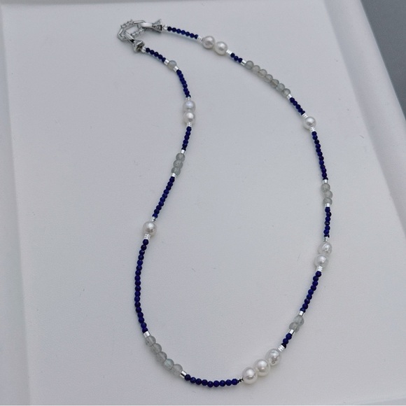 X694 Handmade Freshwater Pearl Lapis Labradorite Dainty Necklace - Picture 7 of 11